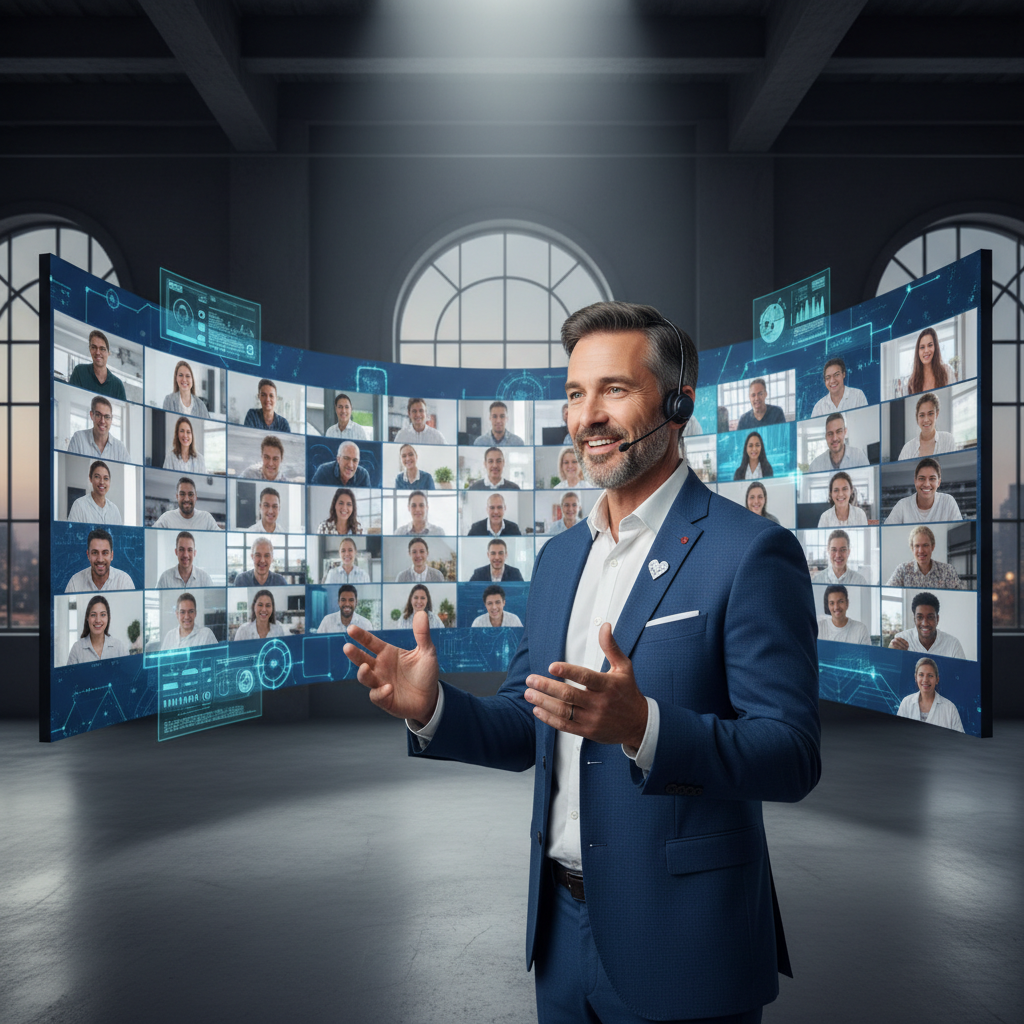 A doctor engaging with an audience on a large screen, possibly during an online lecture or course module. The doctor is 