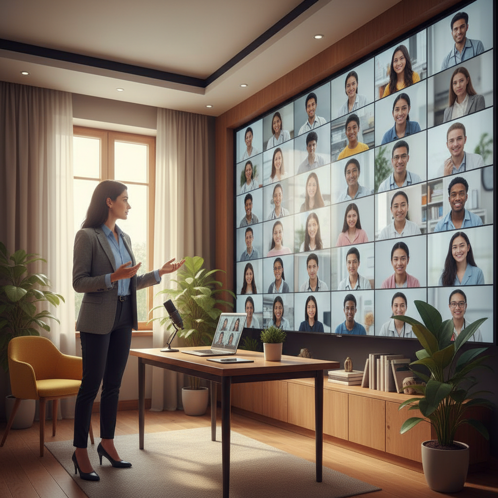 A wide shot of a doctor, dressed smart casual, presenting to a diverse group of online students on a large screen in a m