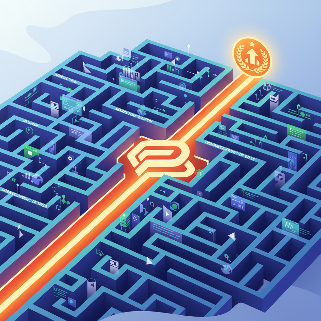 A stylized illustration showing a complex maze with a clear, straight path emerging from it, leading to a success icon.