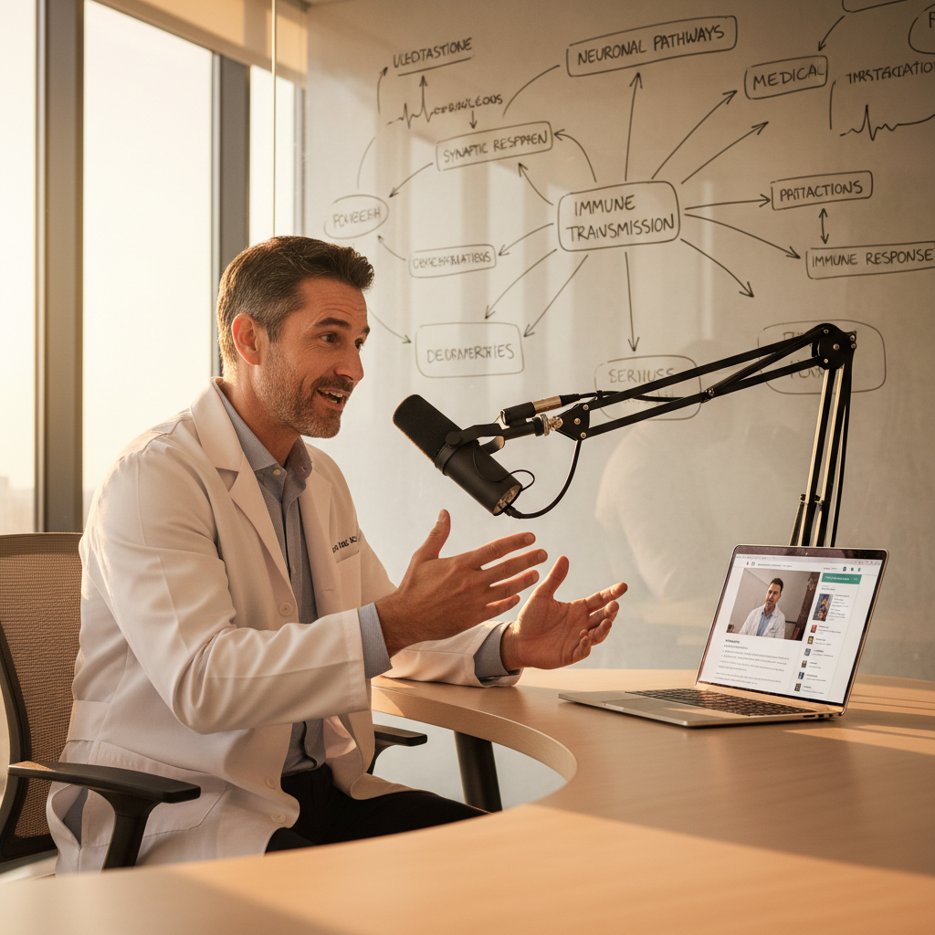 A doctor sitting at a modern desk, passionately explaining medical concepts into a high-quality microphone for an online