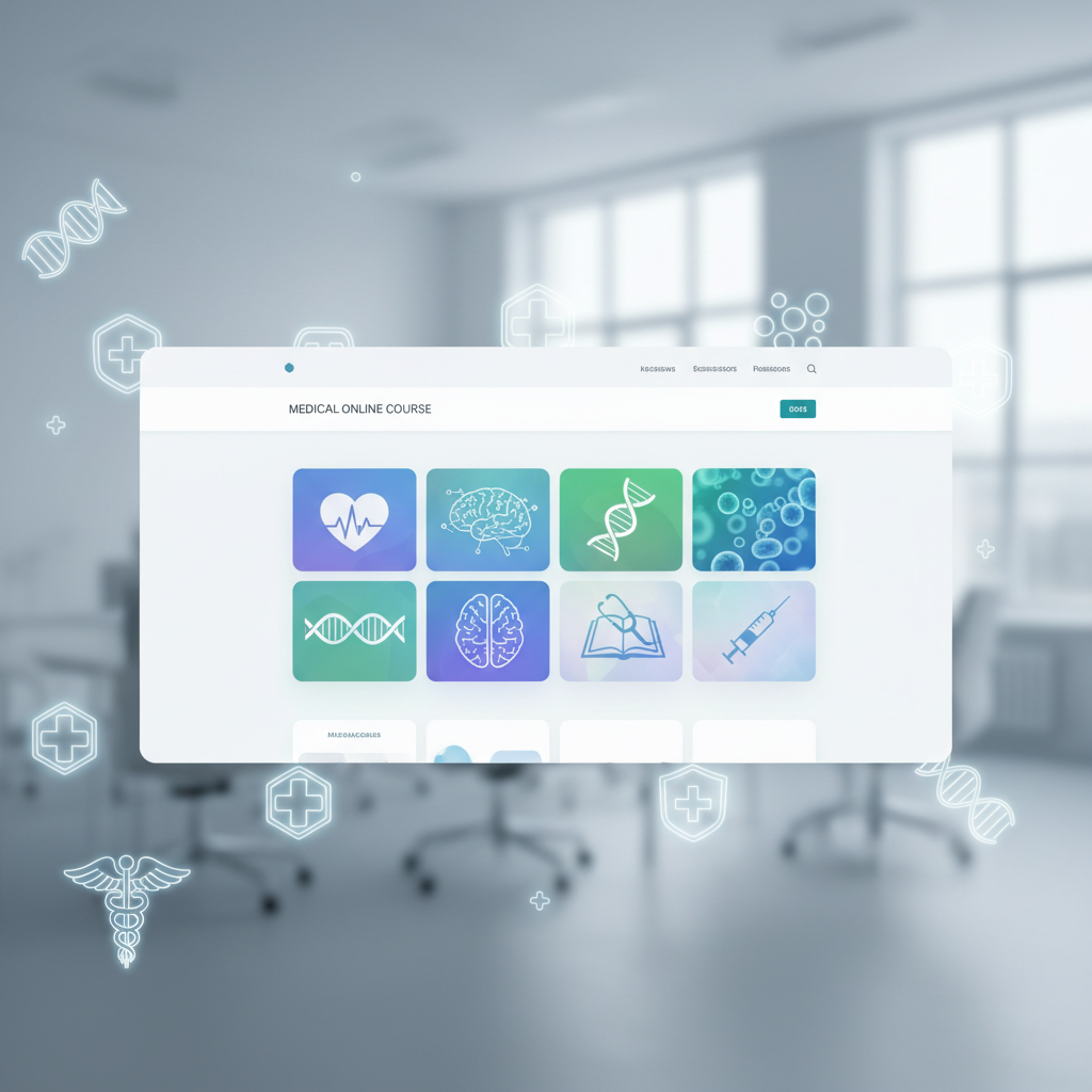 A clean, user-friendly website interface for a medical online course, showing a course catalog with engaging thumbnails.