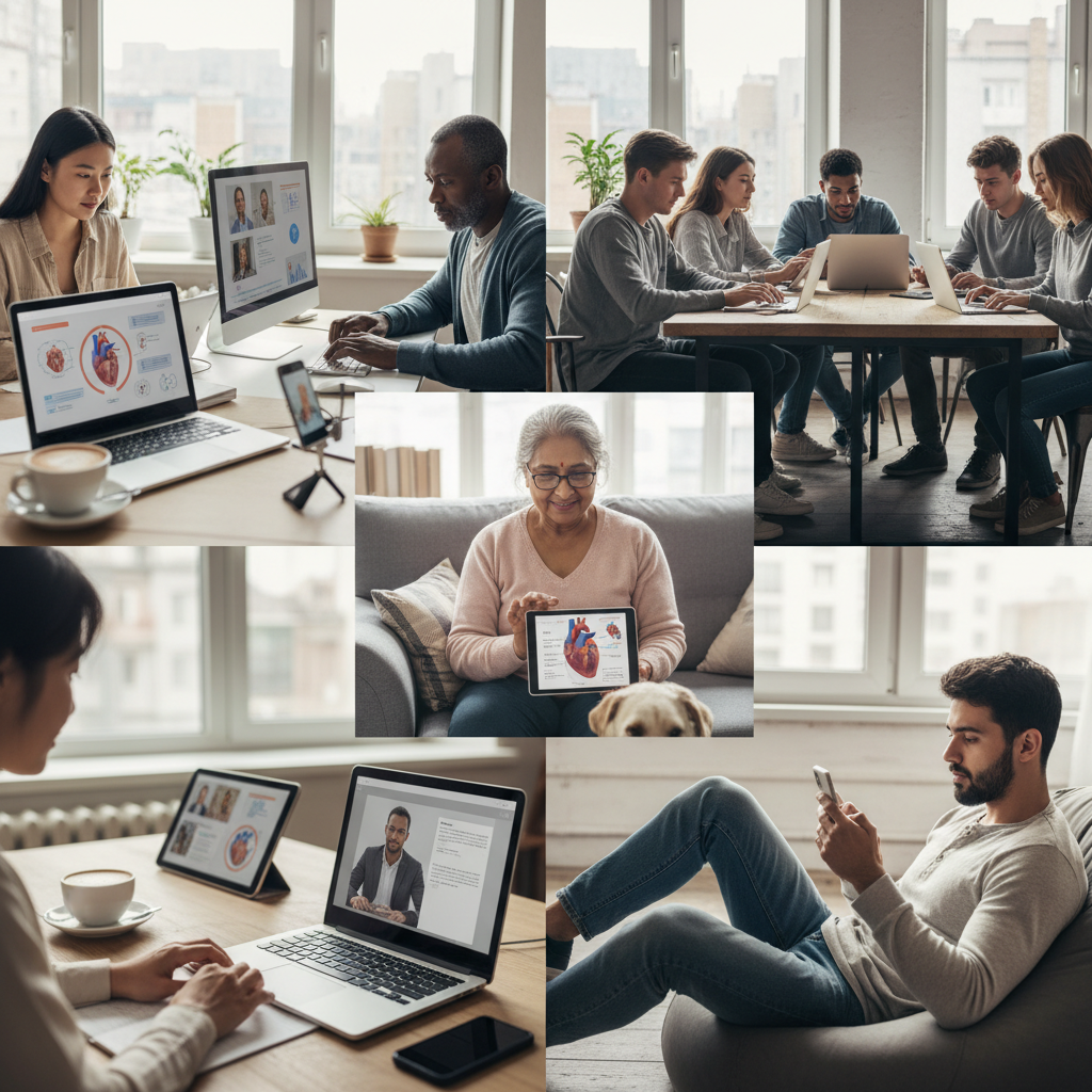 A diverse group of people (students, professionals) from different age groups and backgrounds, all engaged with tablets,