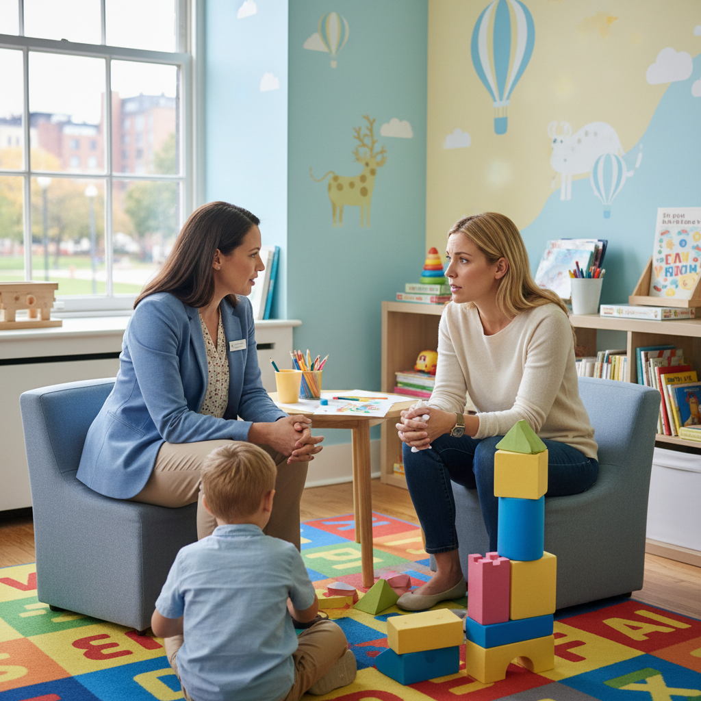 A compassionate pediatrician or child psychologist talking softly to a concerned parent (mother) in a well-lit, professi