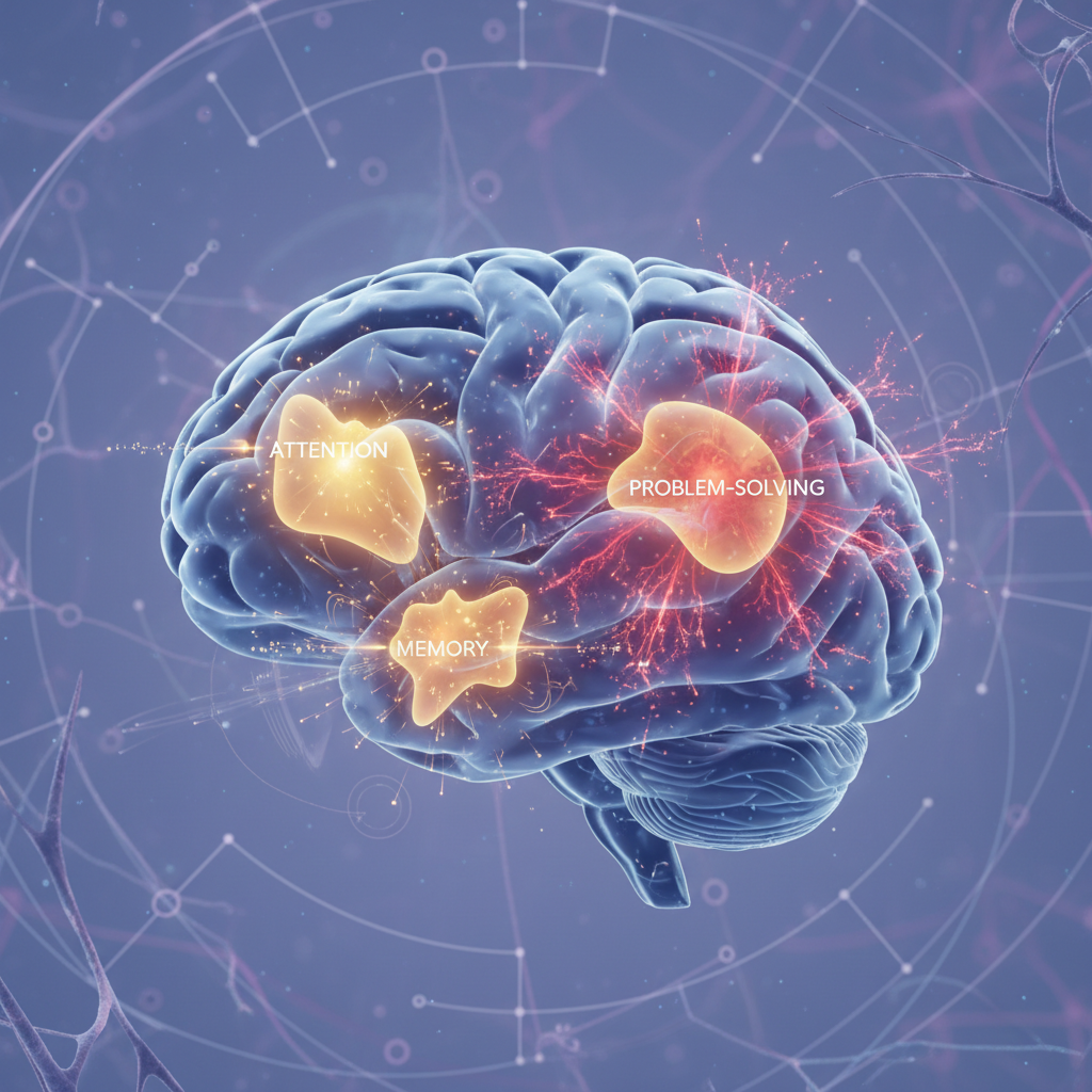 A detailed illustration or representation of a brain map or cognitive function diagram, simplified and visual, with glow