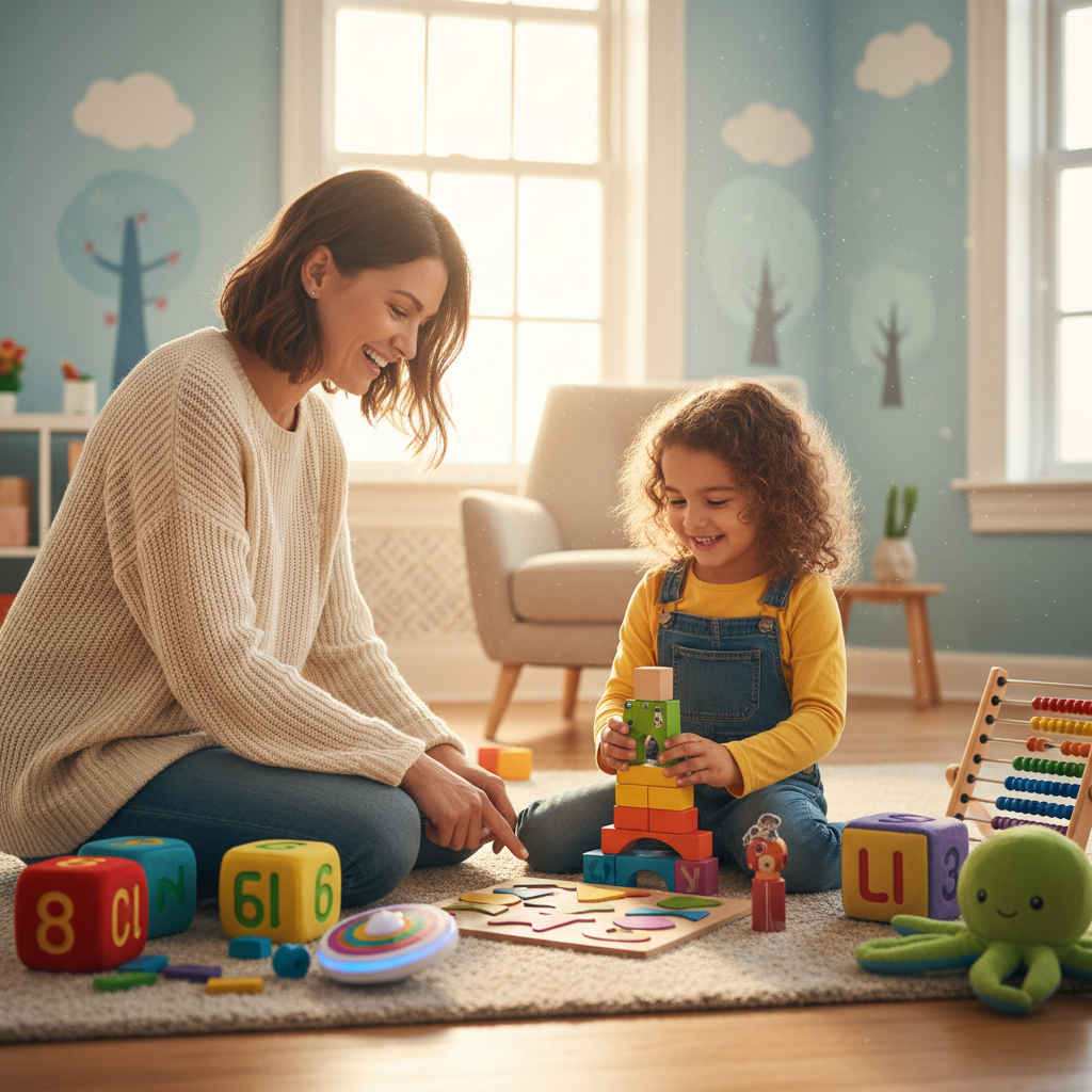 A child and a therapist (or parent surrogate) engaged in a playful, interactive session using colorful educational toys 